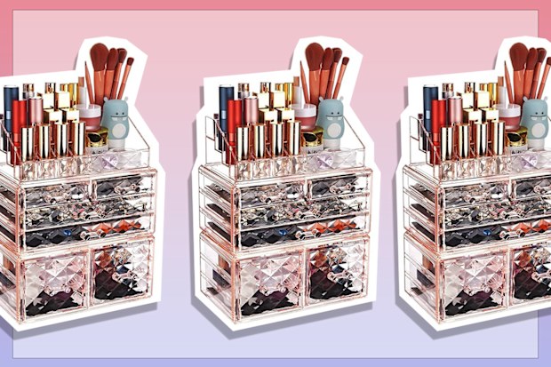 9PR: 3set Jewellery Storage Box Acrylic Cosmetic Organisers Pink Makeup Organizer Holder Box 6 Drawers Clear
