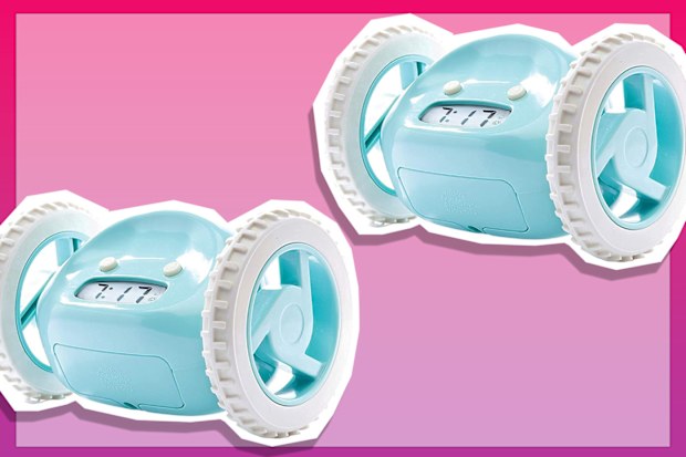 9PR: Clocky Alarm Clock on Wheels (Original) | Extra Loud for Heavy Sleeper (Adult or Kid Bed-Room Robot Clockie) Funny, Rolling, Run-away, Moving, Jumping (Blue)