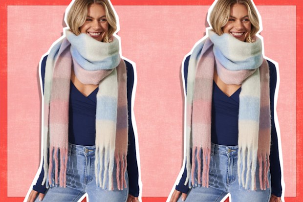 9PR: August + Delilah Brooklyn Knit Scarf In Multi Pastel With Pink And Blue Check