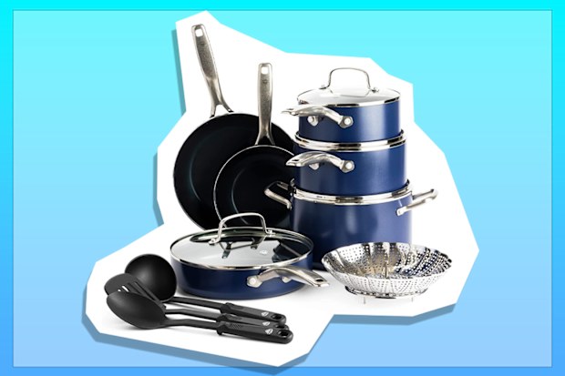Blue Diamond Cookware Diamond Infused Ceramic Nonstick 14 Piece Cookware Pots and Pans Set, blue