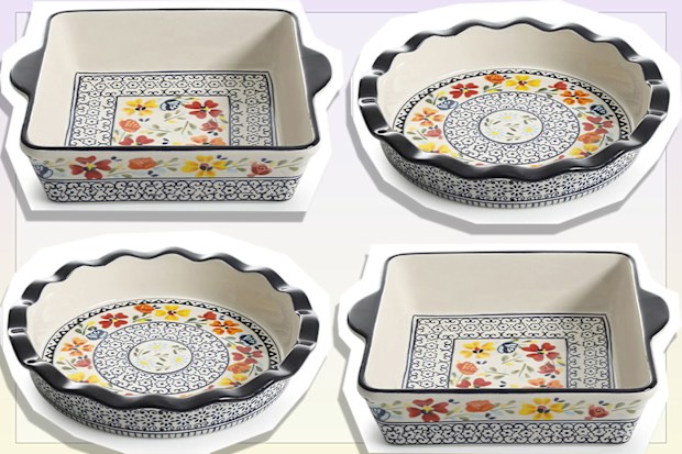 9PR: Gibson Luxembourg Handpainted 10.5" Pie Dish & 8" Square Bakeware, Blue and Cream w/Floral Designs 