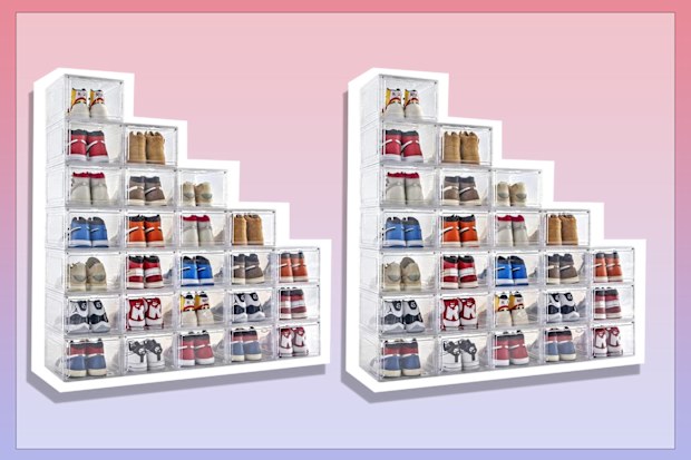 9PR: HORUSDY 5-Pack Shoe Display Box, Hard Plastic Case with Magnetic Acrylic Door Clear Shoe Boxes Stackable for Shoe Storage, Transparent Shoe Organizer Sneaker Storage Containers