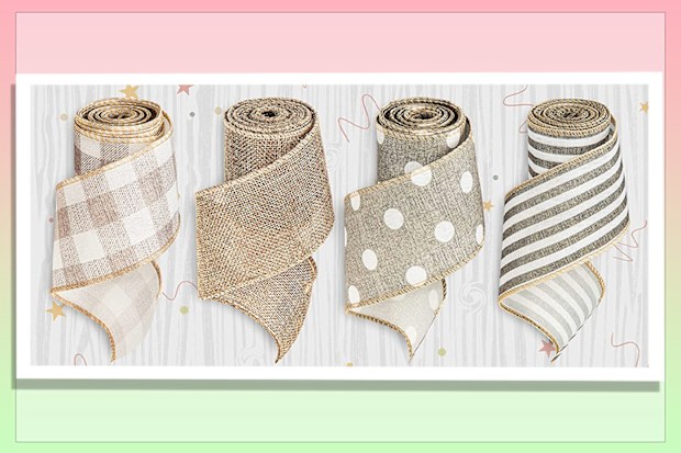 Whaline Wired Edge Ribbon 4 Rolls White Polka Dots Plaid Stripe Ribbon Rustic Farmhouse Craft Ribbon 2.5In x 20 Yard