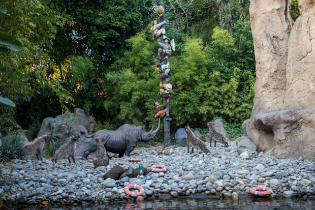 A safari of explorers from around the world is chased up a tree after the expedition comes under attack on one of the new sections of Jungle Cruse in Adventureland inside Disneyland Park in Anaheim, CA, on Friday, July 9, 2021