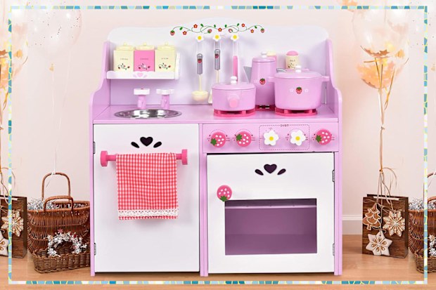 9PR: HONEY JOY Kids Wooden Strawberry-Themed Kitchen Playset