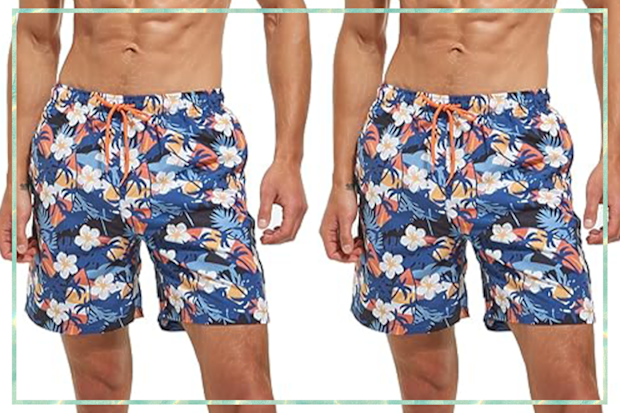 9PR: Frueo Men's Swim Trunks, Blue and White