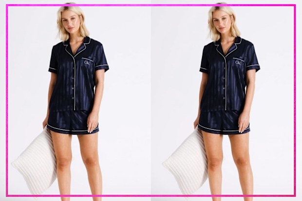 9PR: Chloe & Lola Jacquard Stripe Satin PJ Set in Navy