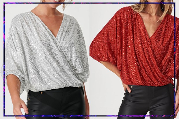 9PR: St Frock Celebration Sequin Mock Wrap Top