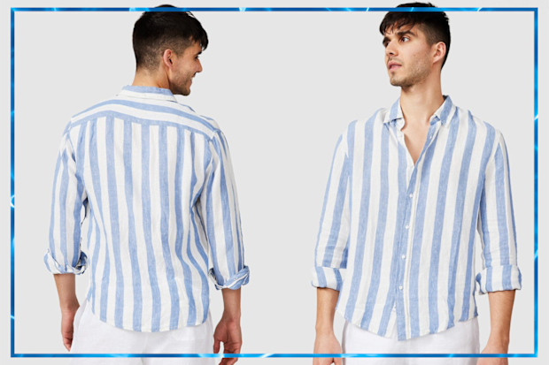 9PR: Vacay Swimwear Blue Stripe Linen Shirt 