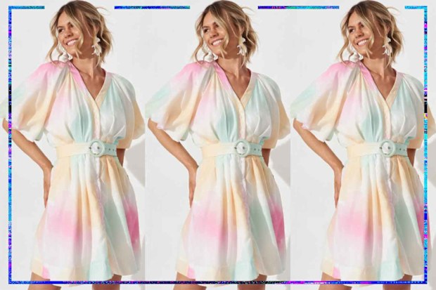 9PR: St. Frock Teagan Dress In White With Watercolour Linen Blend