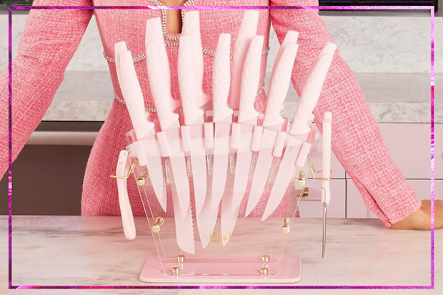 9PR: Paris Hilton 16-Piece Knife Block Set with Fan-Style Clear Acrylic Knife Block