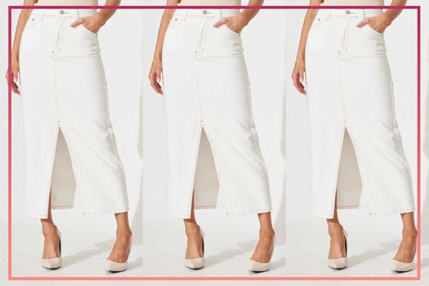 9PR: St Frock Lattice Maxi Denim Skirt In White