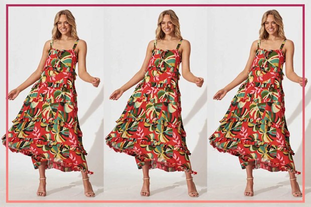 9PR: Bloomsbury Maxi Dress In Red With Green Leaf Print