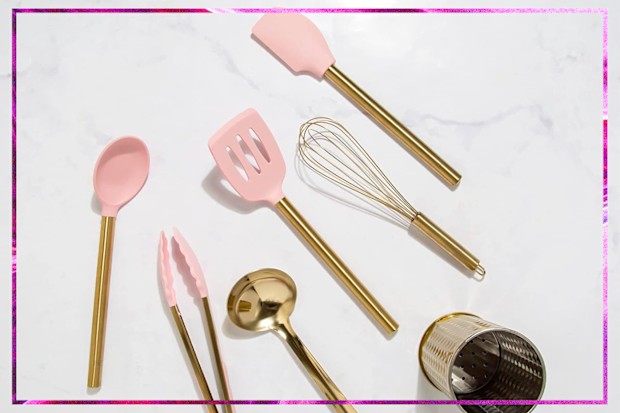 9PR: Paris Hilton 7-Piece Kitchen Tool Set, Pink and Gold