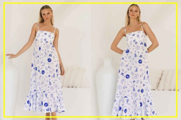 9PR: Kalila Maxi Sundress In White With Blue Print Cotton