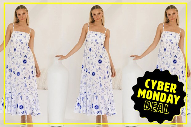 9PR: Kalila Maxi Cotton Sundress, White with Blue Print