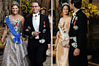Sweden's Crown Princess Victoria and Prince Daniel (left);  Princess Sofia and Prince Carl Philip (right) arrive at Stockholm Palace where the royal couple hosts a gala dinner for the French presidential couple in Stockholm, Tuesday, Jan. 30, 2024.