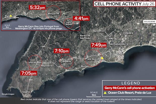 Map showing cell phone mast pings of Gerry McCann in Portugal, 2007.