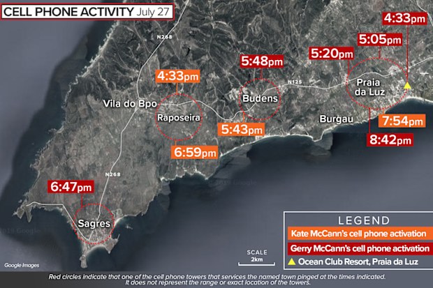 Map showing cell phone mast pings of Kate and Gerry McCann in Portugal, 2007.