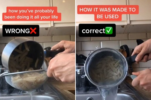 Man draining a pot of pasta two different ways