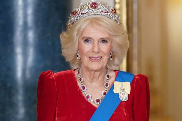 Queen Camilla wearing the late Queen Elizabeth II's Burmese Ruby Tiara