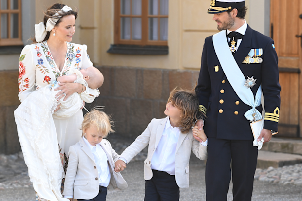 Prince Carl Philip, Princess Sofia, Prince Alexander, Prince Gabriel and Prince Julian attend Prince Julian's baptism outside Drottningholm Castle Chapel on August 14, 2021