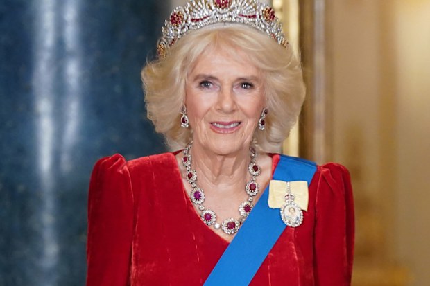 Queen Camilla wearing the late Queen Elizabeth II's Burmese Ruby Tiara