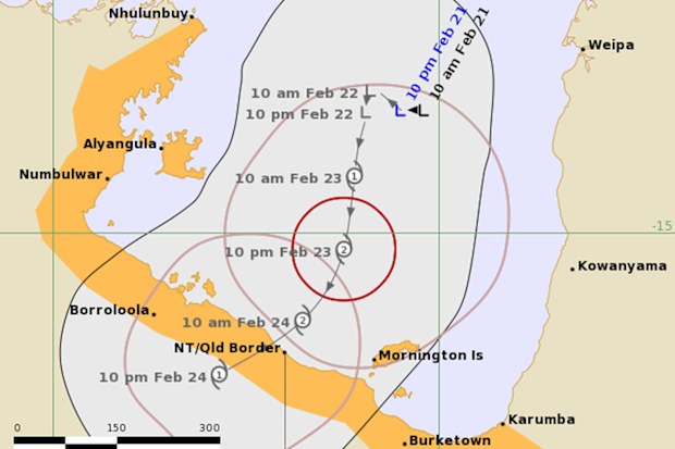 Cyclone Watch forecast map 22/2 at 2am