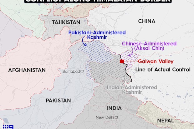 Map showing the area where tensions are running high between China and India.