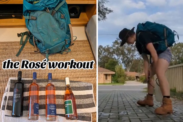 Lauren Thomas works out with a backpack full of wine bottles at her Perth home.