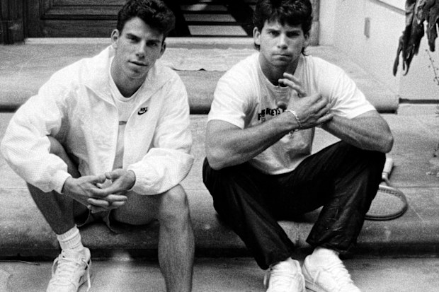 Menendez brothers, Erik, left, and Lyle on the steps of their Beverly Hills home in November, 1989. 