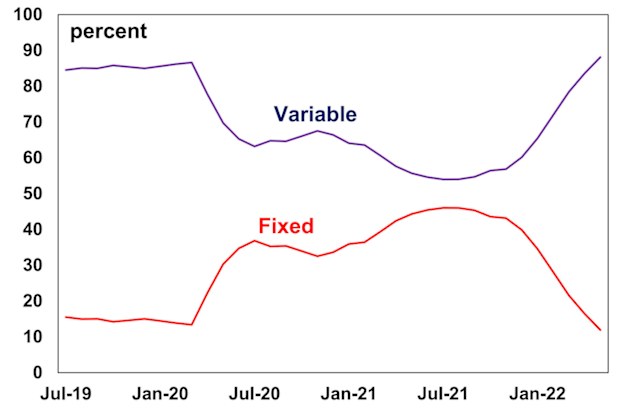 Graph showing variable and fixed rate mortgages in Australia between 2019 and 2022.
