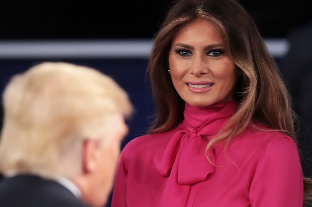 Melania Trump wears a pussy bow blouse at the first presidential debate in 2016.