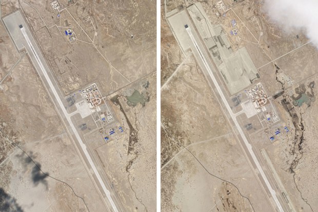 This combination of two satellite photos of the Ngari Günsa civil-military airport base taken on April 1, left, and May 17, 2020, near the border with India in far western region of Tibet in China show development around the airport. Tensions along the China-India border high in the Himalayas have flared again in recent weeks.