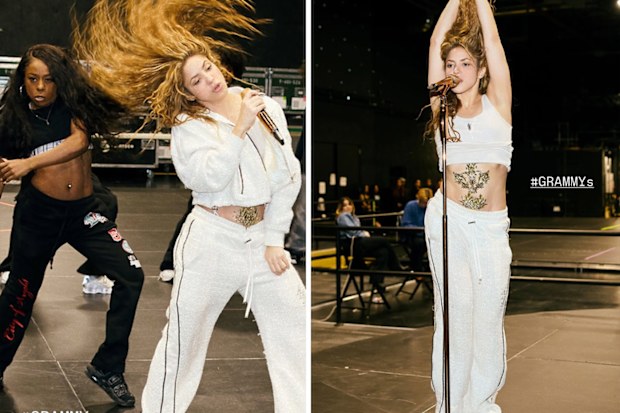 Shakira prepares to perform at the 2025 Grammy Awards.
