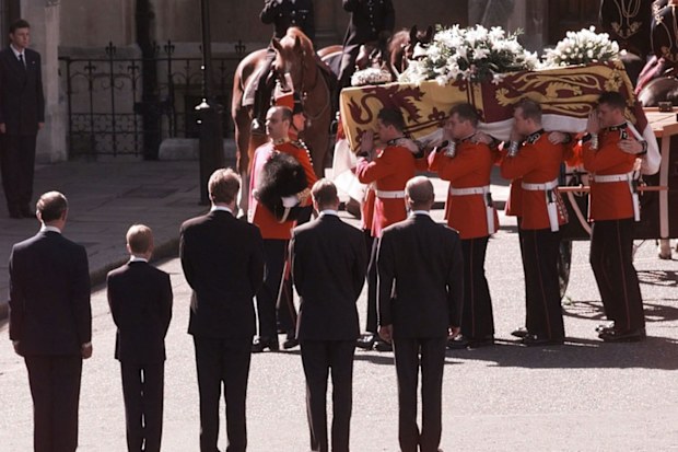 Princess Diana's coffin is brought to Westminster Abbey during her funeral, 1997.