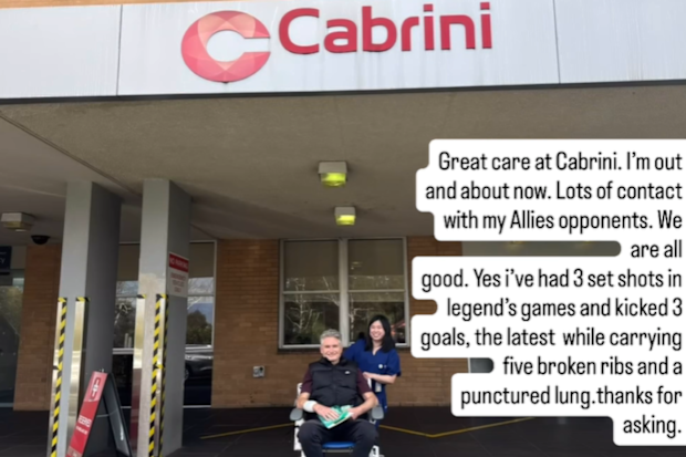 Dave Hughes shares a health update after AFL match put him in hospital