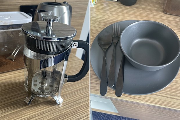 Coffee plunger and dinner set in hotel quarantine