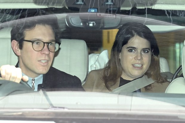 Jack Brooksbank and Princess Eugenie of York depart the Portland Hospital for Women on February 12, 2021 in London, United Kingdom