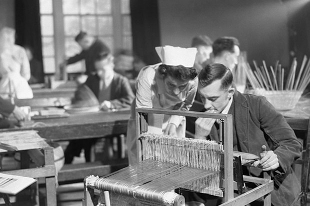 Soldier learning to weave after the war