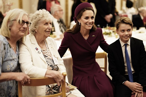 Catherine, Princess of Wales and Prince George join Second World War veterans at a tea party in Buckingham Palace following the military procession to mark the 80th anniversary of VE Day on May 5, 2025 in London, England. 