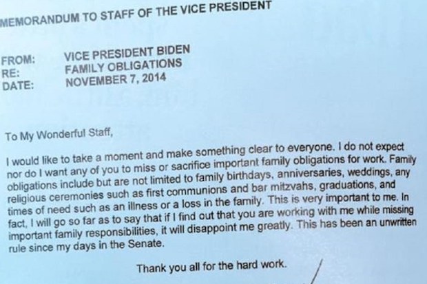 Joe Biden note to staff about Thanksgiving in 2014.