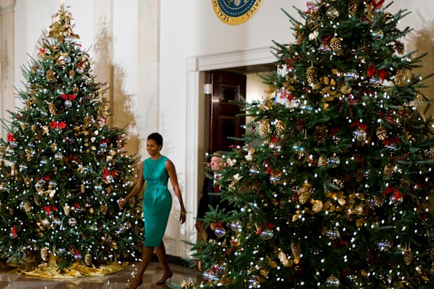 First Lady Michelle Obama debuts the 2009 White House Christmas decorations.