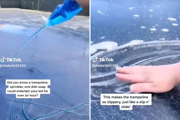 Mum on TikTok turns trampoline into slip and slide. 