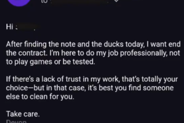 Professional cleaner Devon resigned from a job over a "joke" challenge involving mini ducks