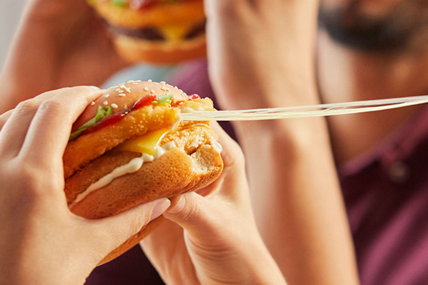 McDonald's Cheesy range chicken burger with cheese patty