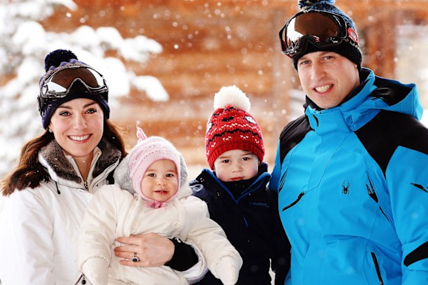 The Duke and Duchess of Cambridge with their children, Prince George, two, and Princess Charlotte, nine months, on holidays in a secret location in the French Alps. (AAP)