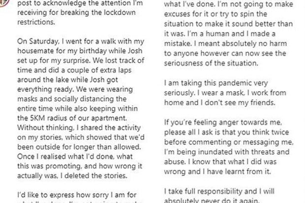 Influencer Beck Lomas apologies for breaching Melbourne lockdown laws to exercise
