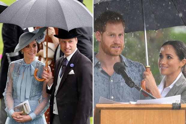 Prince William and Kate Middleton shelter under an umbrella at Royal Ascot