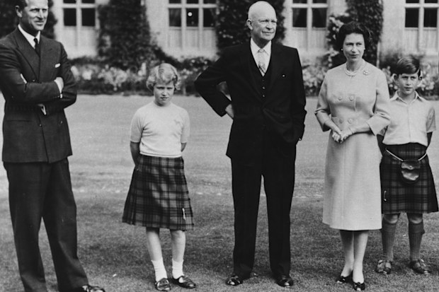 President Eisenhower (centre) with the British Royal family (L-R) Prince Philip, Princess Anne, HM Queen Elizabeth, Prince Charles and Captain John Eisenhower, at Balmoral Castle, Scotland, September 1959. (Photo by Fox Photos/Hulton Archive/Getty Images)